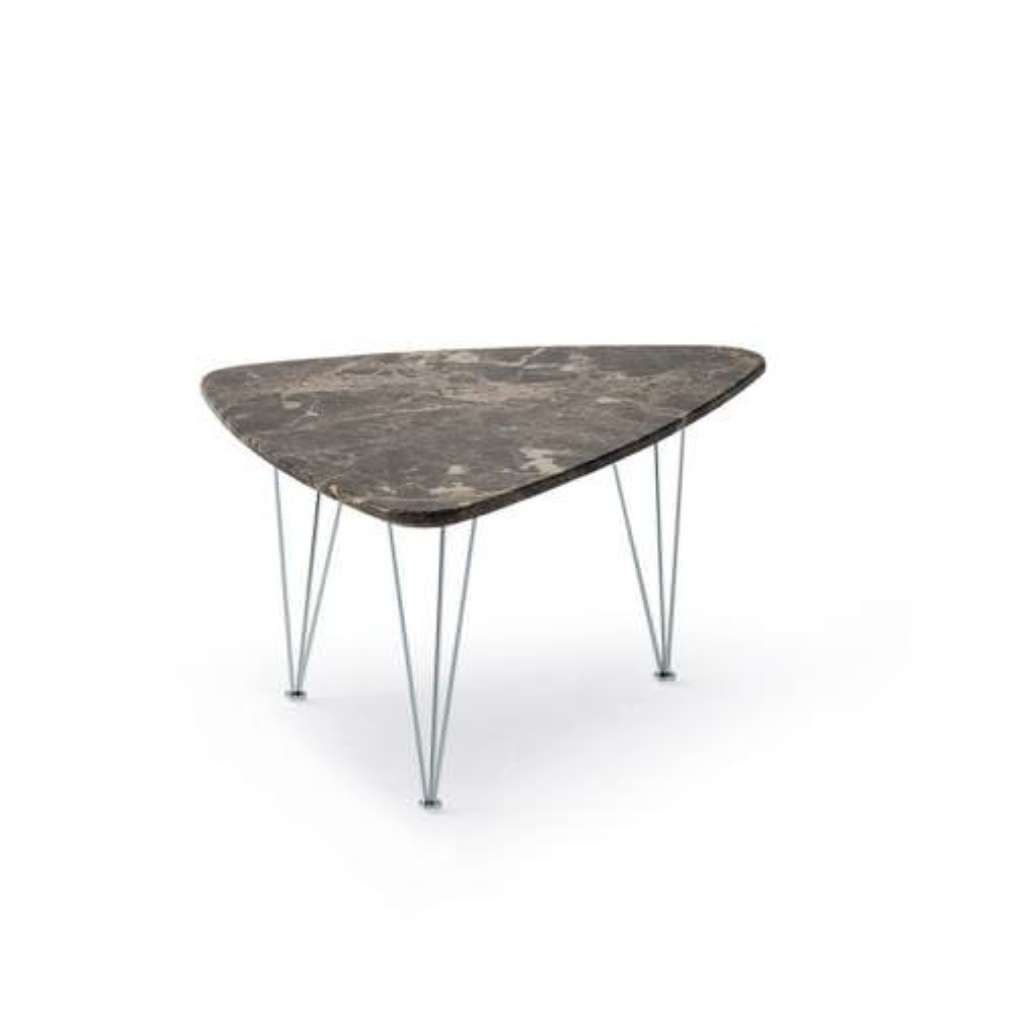 Felix triangular coffee table with marble top and metal legs.