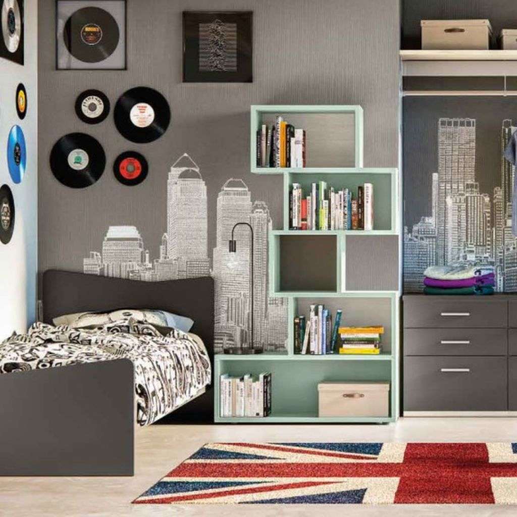 Furbambini music-themed bedroom design with bold accents and fun storage.