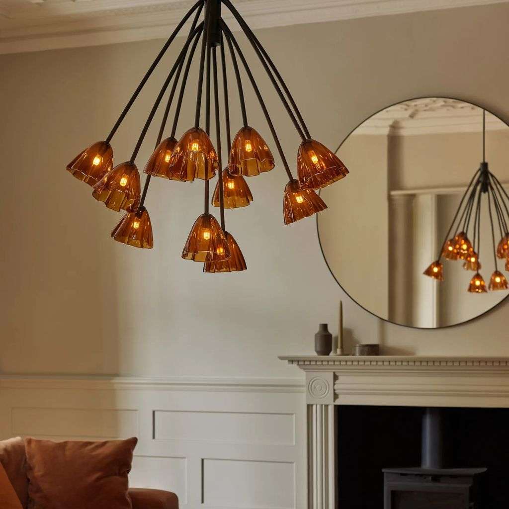 Heathfield multi-arm chandelier with amber glass shades in an elegant living room