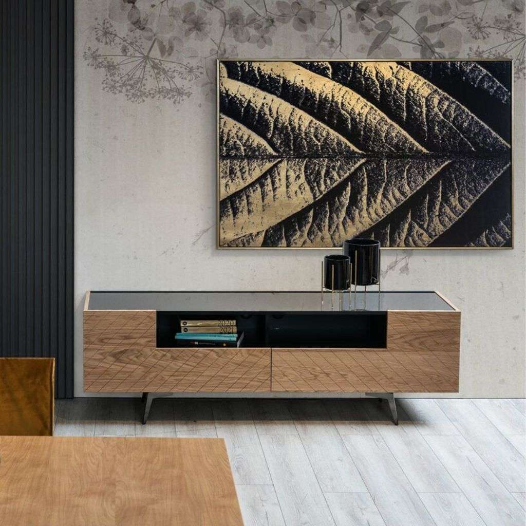 Kler’s sleek wooden TV stand paired with a bold, nature-inspired art piece, adding sophistication to the space.