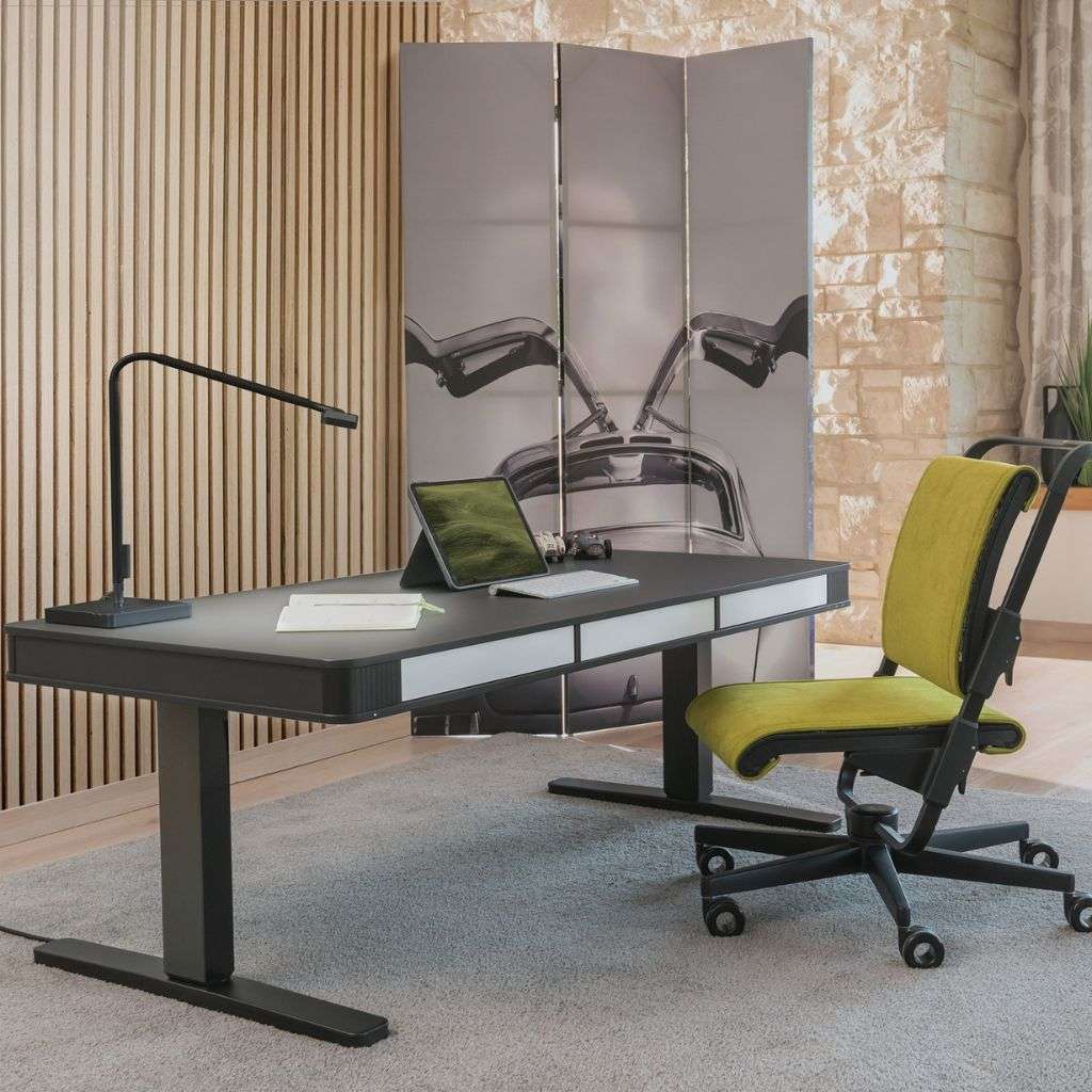 Clean, modern workspace featuring Moll ergonomic chair and sleek desk.