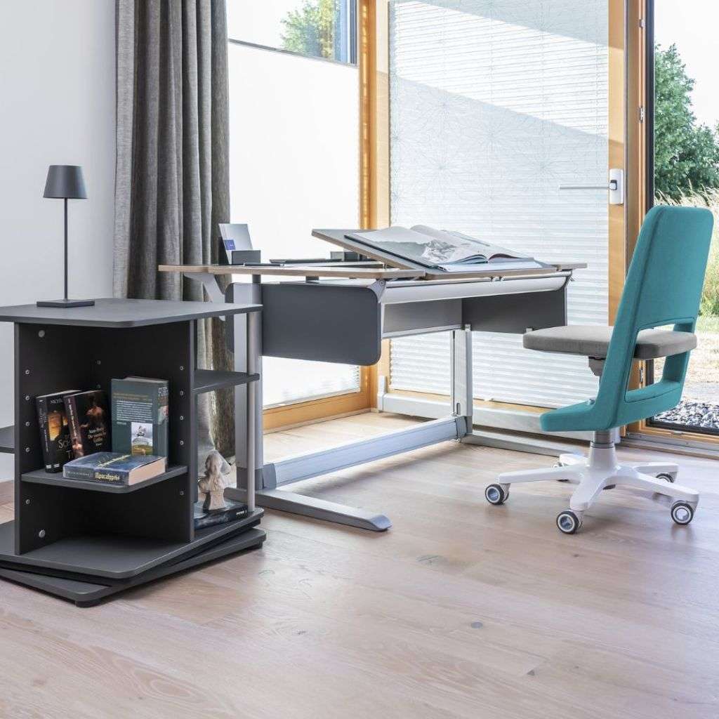 Vibrant Moll chair and contemporary desk set in a minimalist home office.