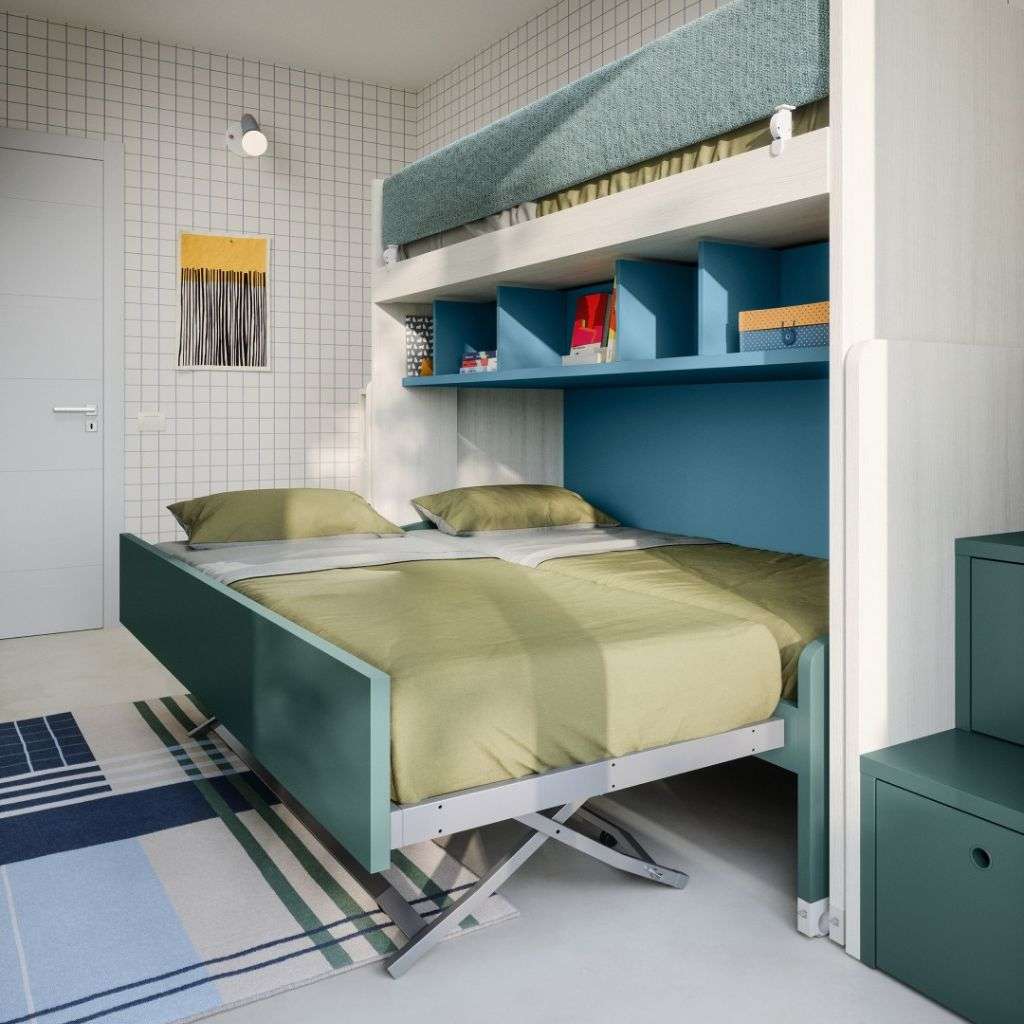 Nidi multifunctional kids' bedroom with bunk-style beds and ample storage space.