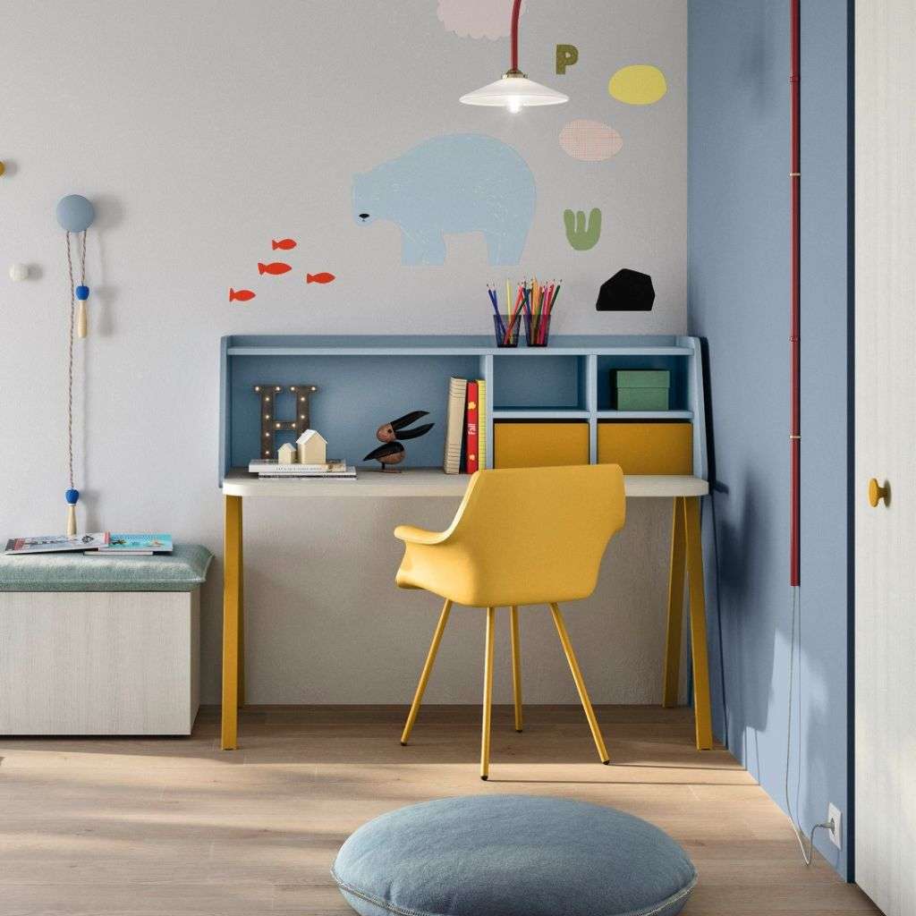 Nidi kids' desk setup with colorful storage and playful animal wall art for a vibrant learning space.