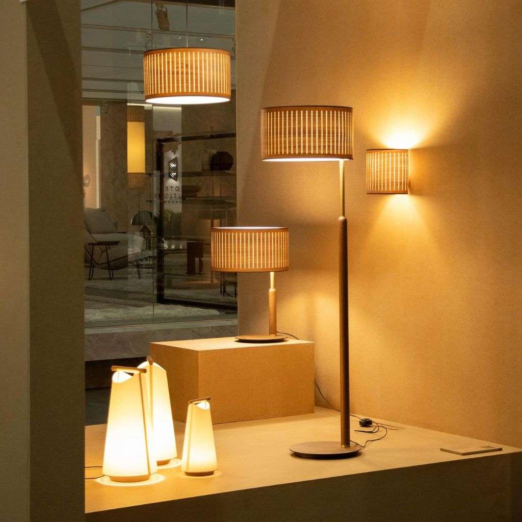 Nomon lighting collection, featuring elegant floor and table lamps with unique designs