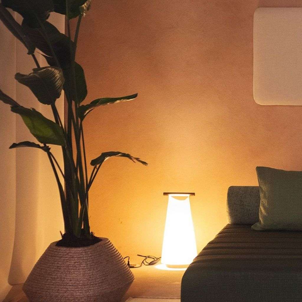 Nomon lamp adding a warm glow to a cozy, minimalist space.