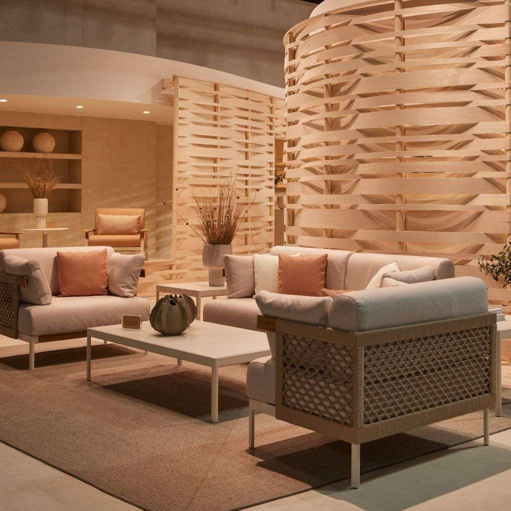 Point indoor seating area with contemporary design and neutral tones.