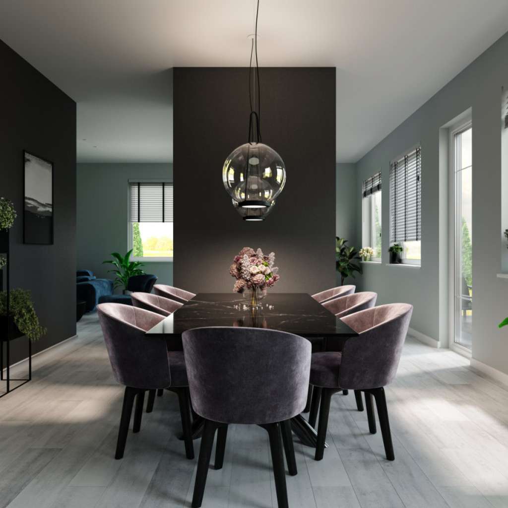 Prandina modern dining room lighting with black marble table and elegant pendant lamp.
