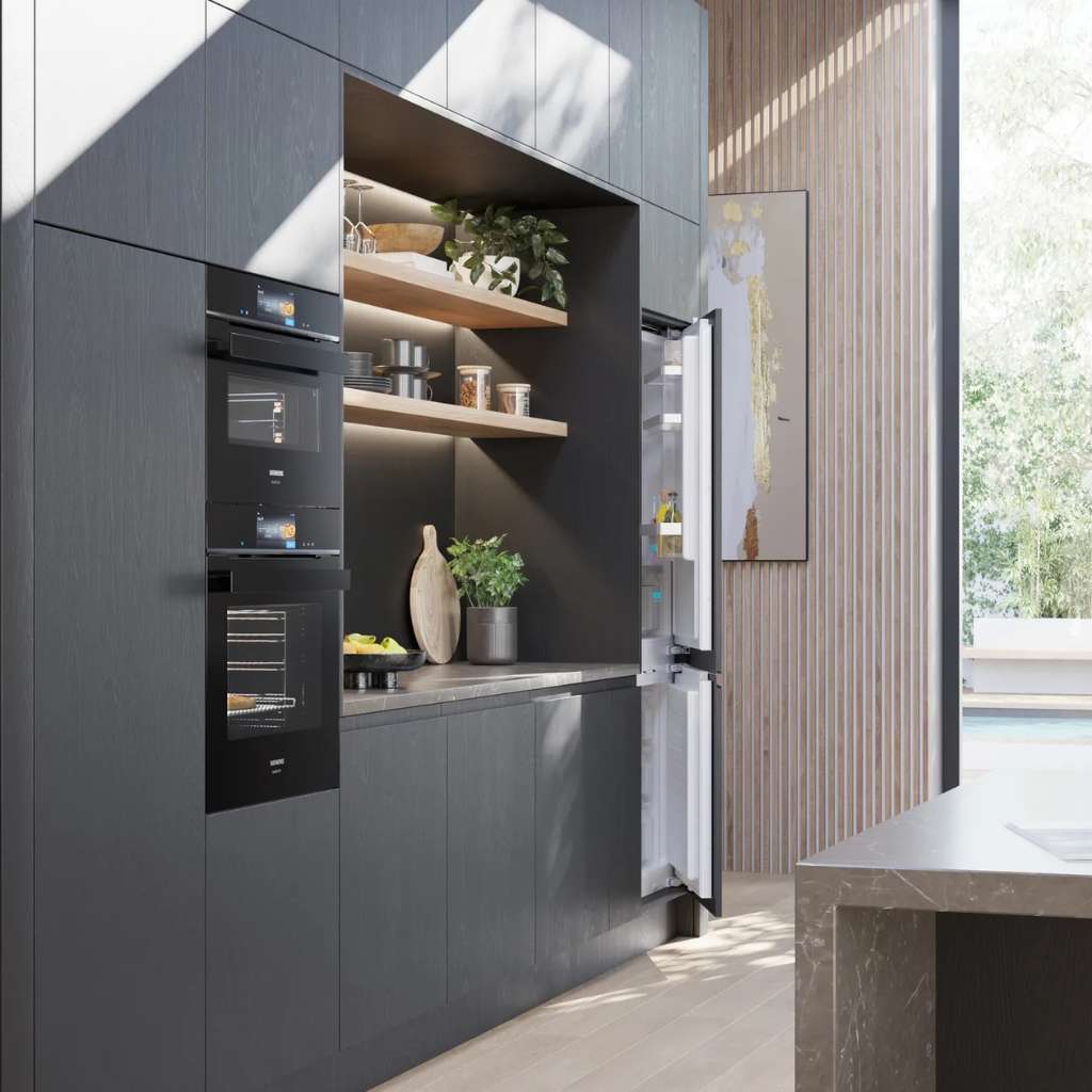 Modern Siemens kitchen with integrated fridge and sleek cabinetry.