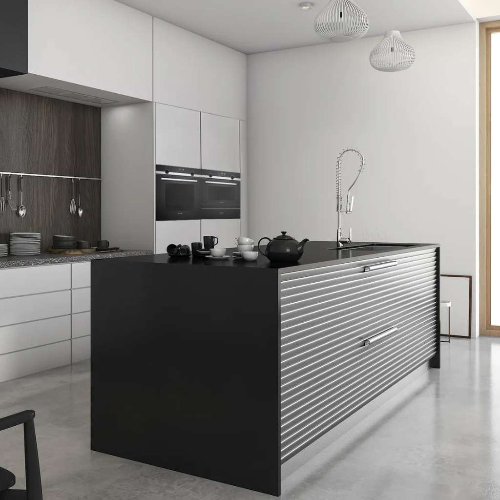 Modern Siemens kitchen with black island, wooden paneling, and sleek appliances.