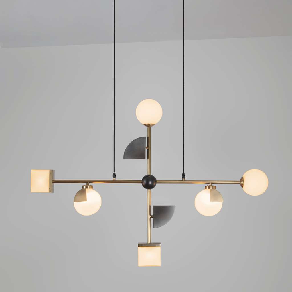 Square In Circle five-arm pendant light with fan-shaped elements.