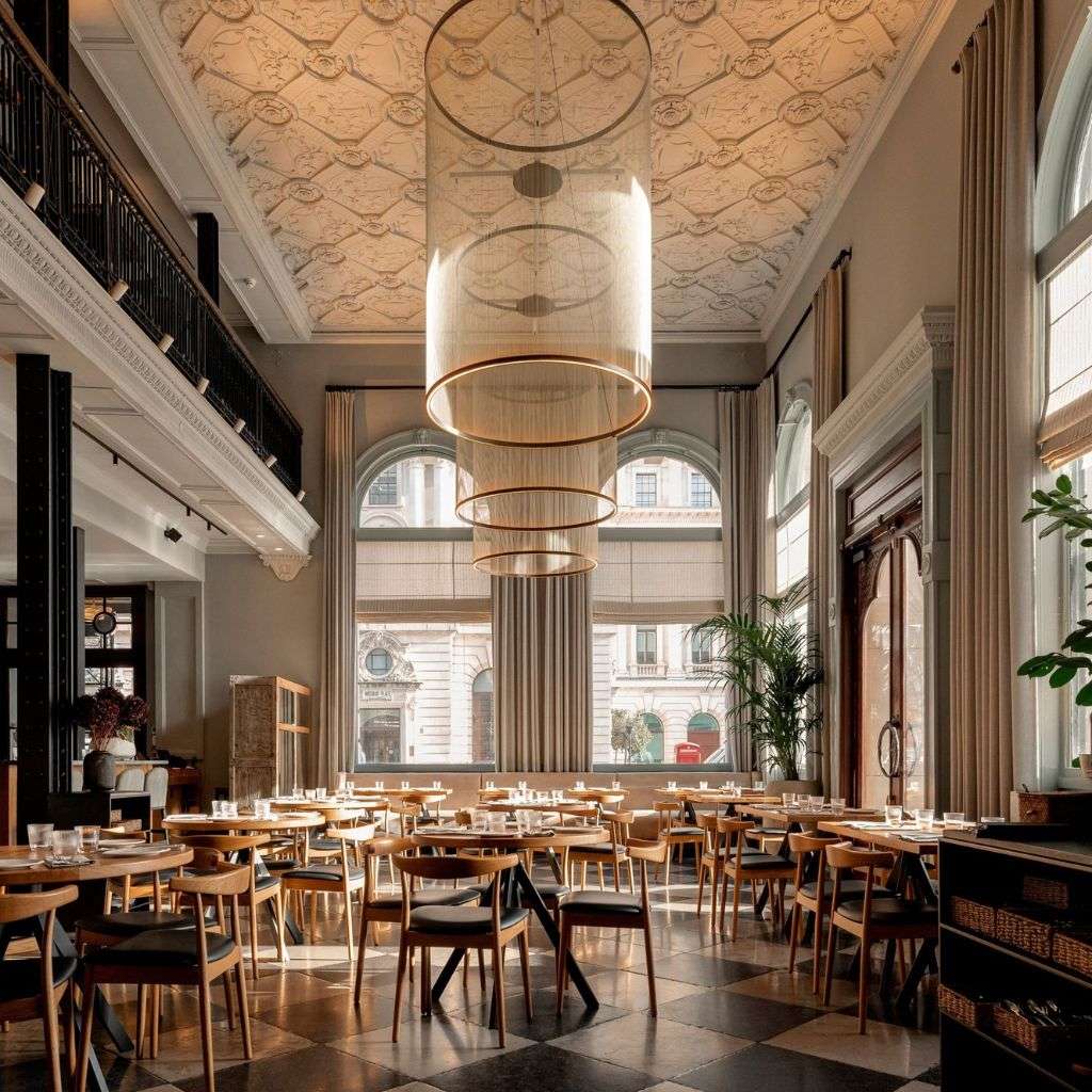 Vibia’s stunning chandelier in a grand dining space, creating a luxurious ambiance.