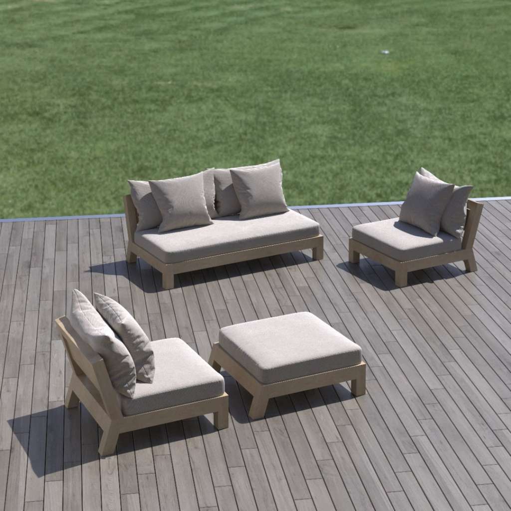 Modern outdoor sofa set in beige fabric by XVL on wooden deck.
