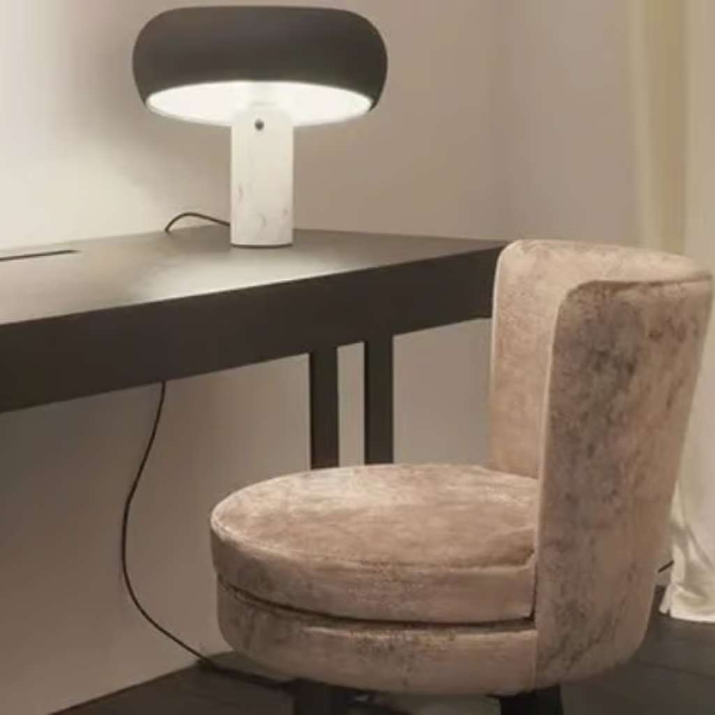 xvl minimalist workspace featuring a sleek desk, comfortable chair, and unique lamp.