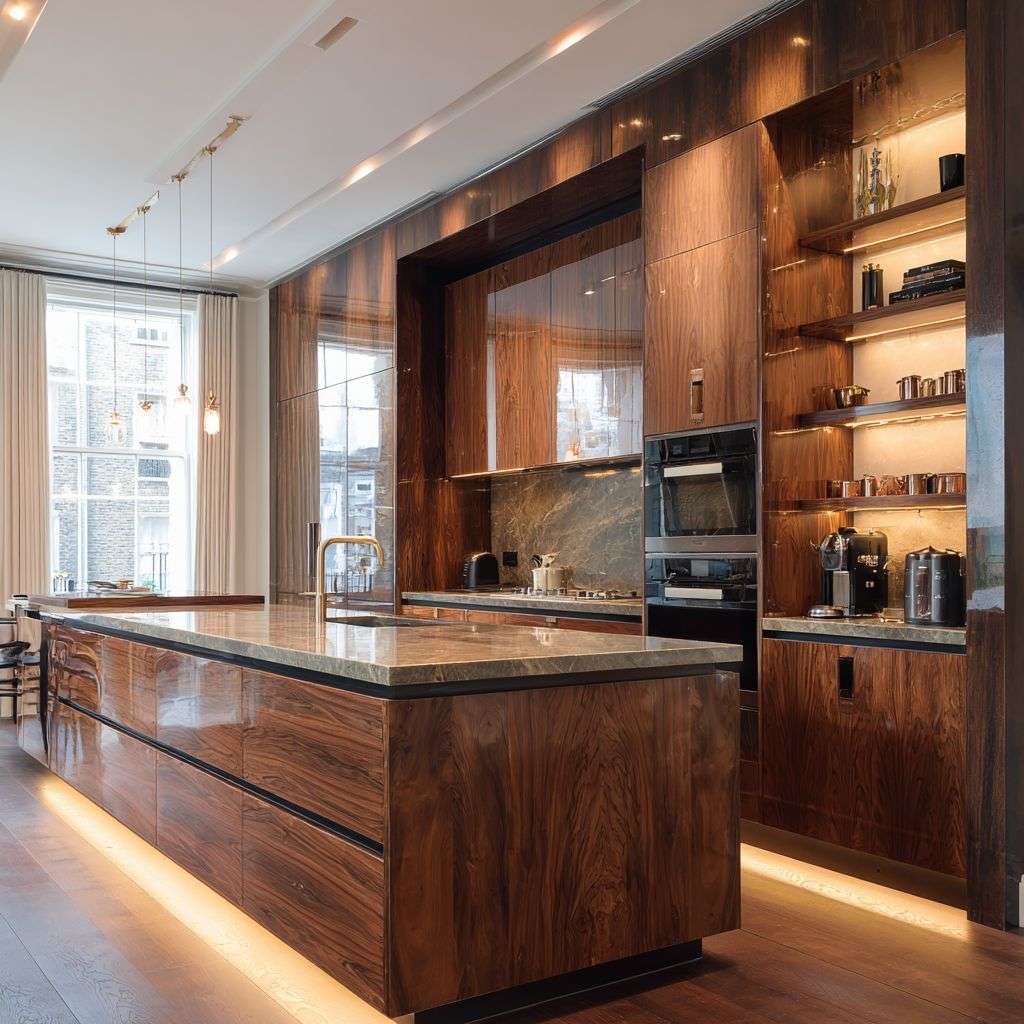 Sophisticated bespoke joinery kitchen with elegant walnut finish.
