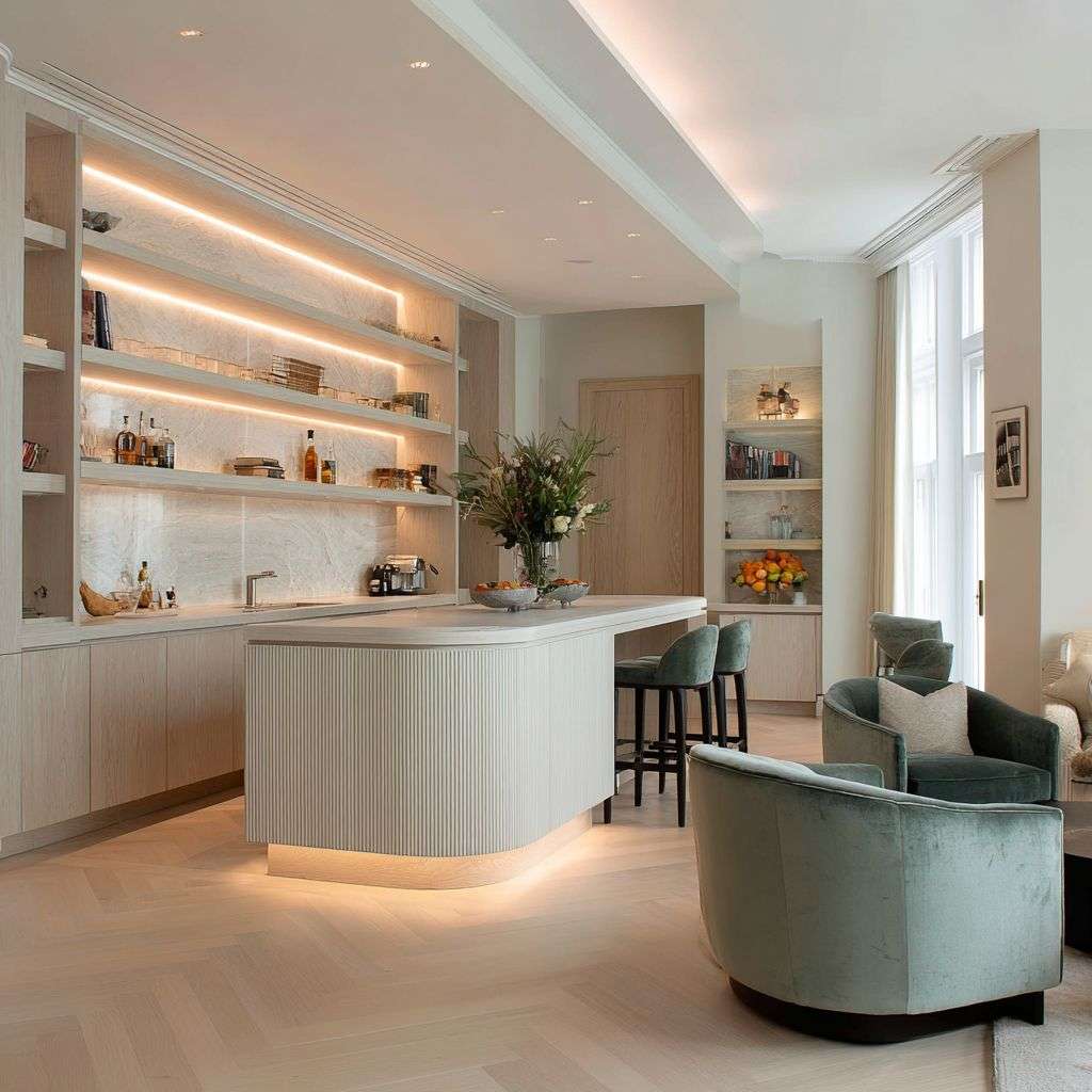 Contemporary kitchen joinery with minimalist design and ample shelving.