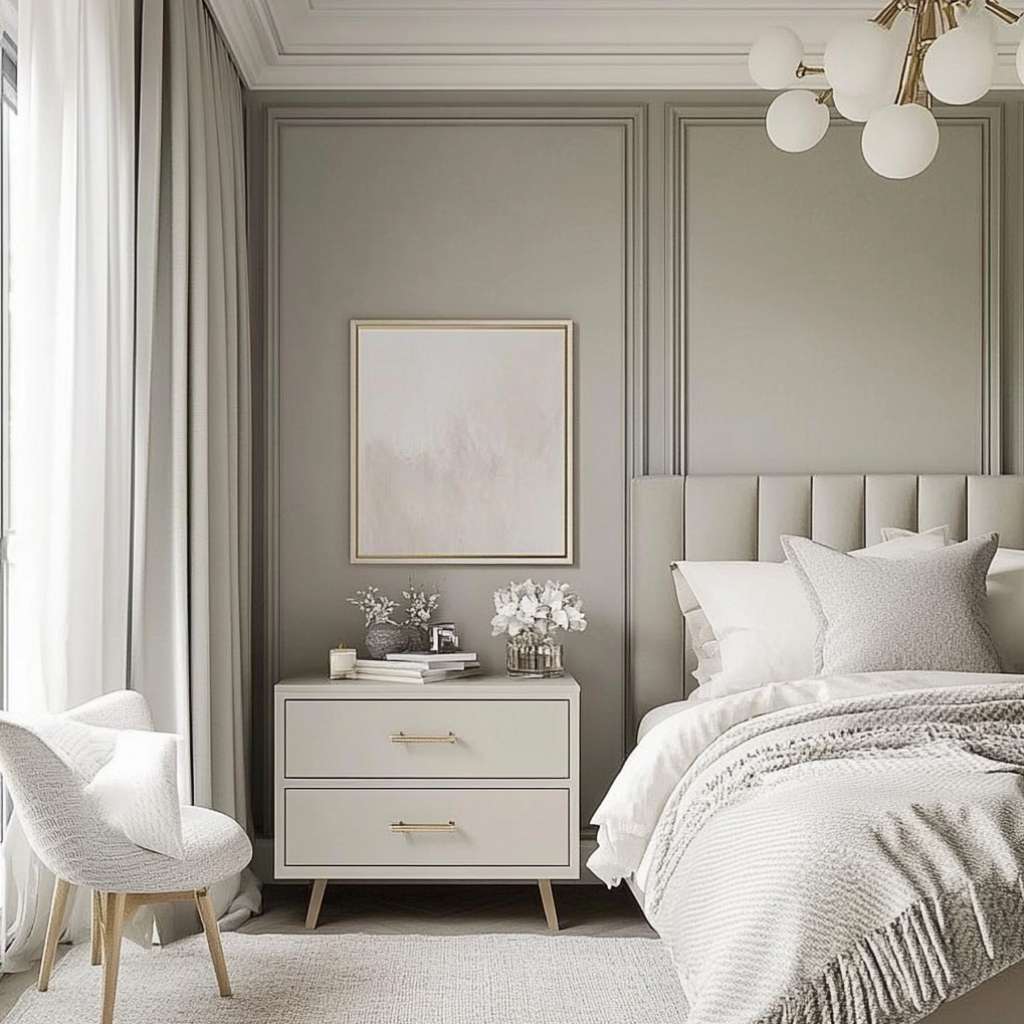 A contemporary grey bedroom featuring a leather bed, white cushions, wooden side table, and chair.