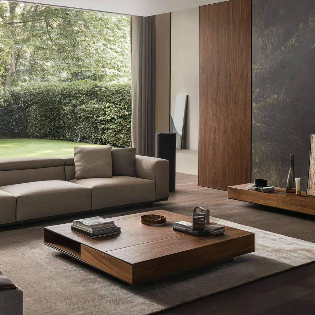 Contemporary square oak coffee table with a cream sofa, enhancing a cozy living room.