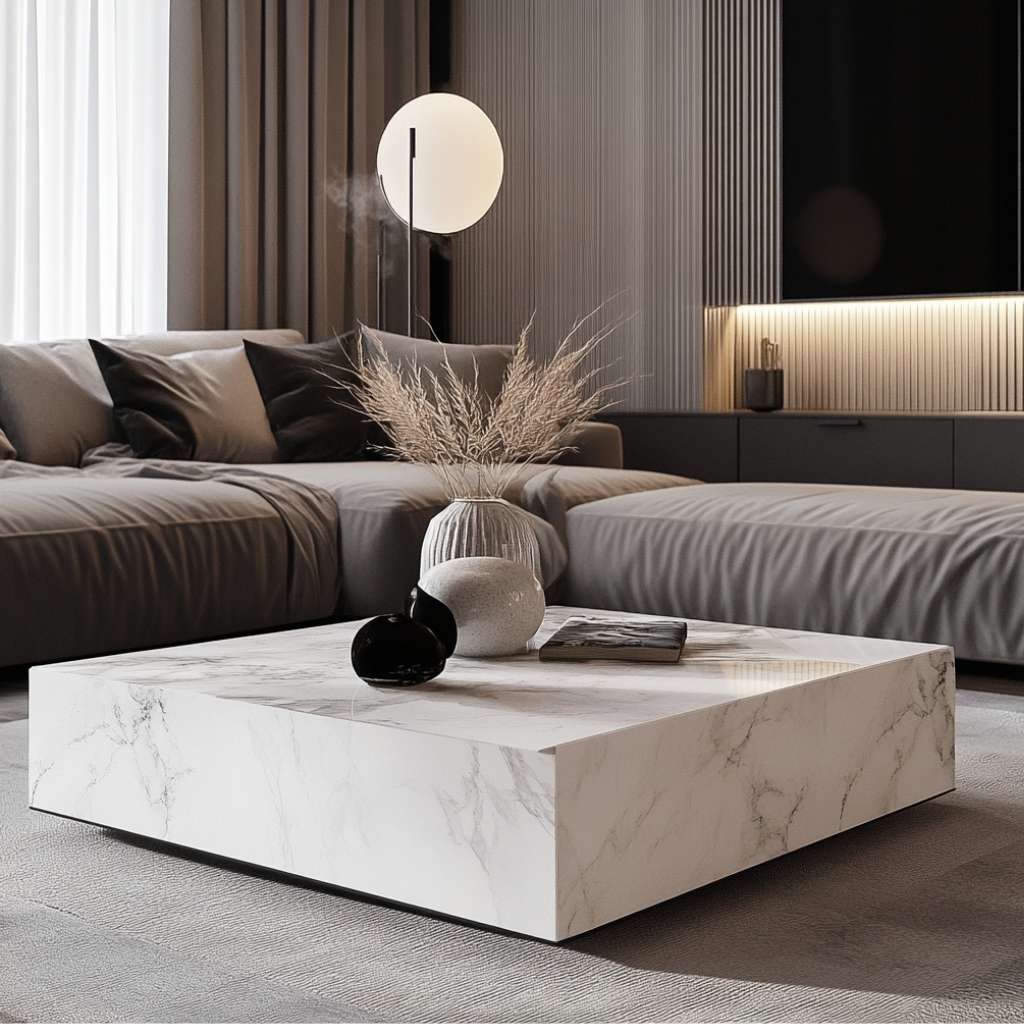Luxurious square marble coffee table with artistic detailing, paired with a cozy grey sofa.