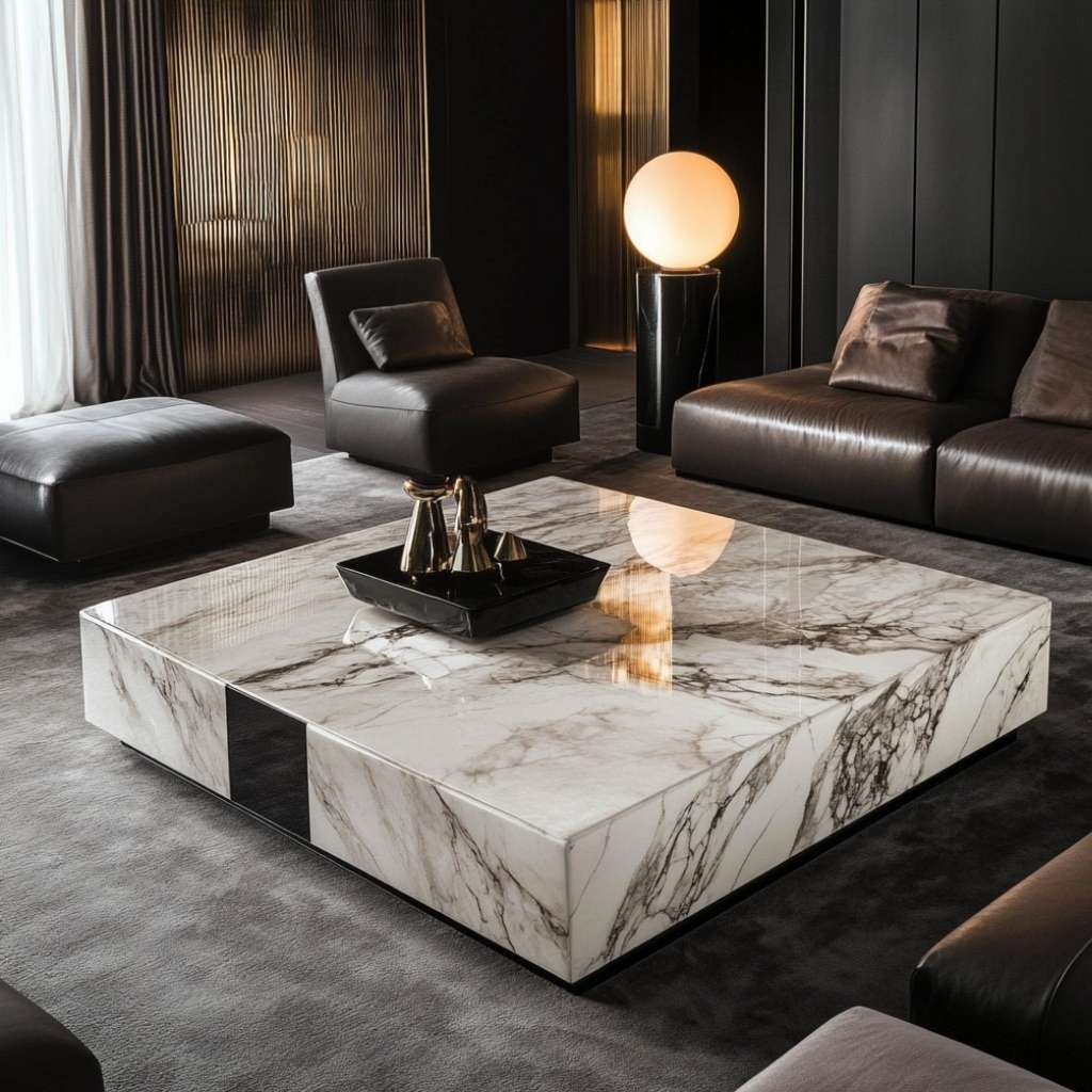 Large square marble coffee table with a black leather sofa, enhancing the living room's elegance.