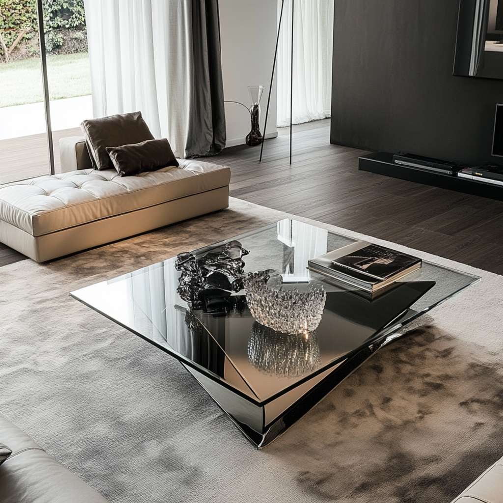 Trendy dark square coffee table in the center of the living room, enhancing modern decor elegance.