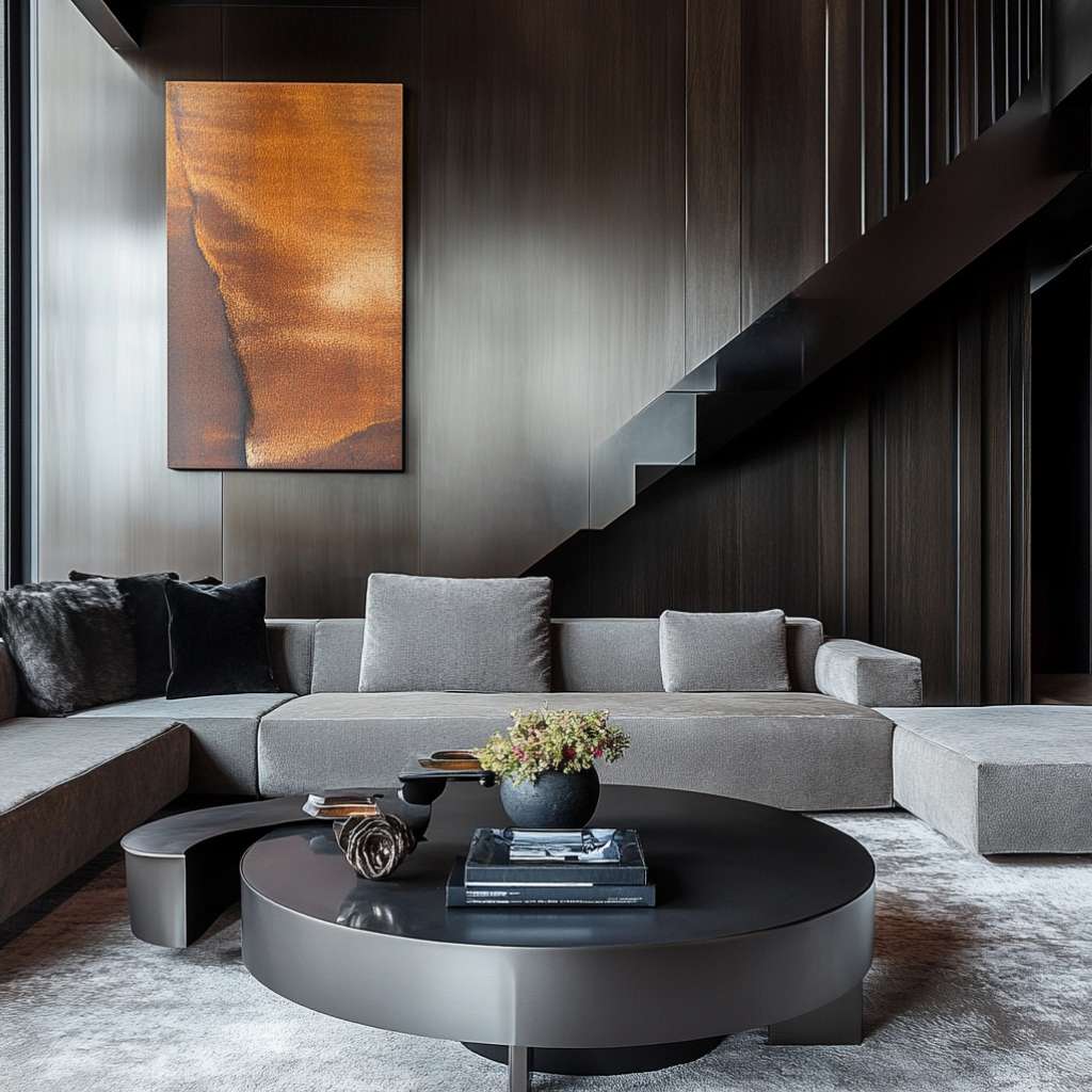A modern black extending coffee table complementing the luxury grey sofa in a stylish living room.