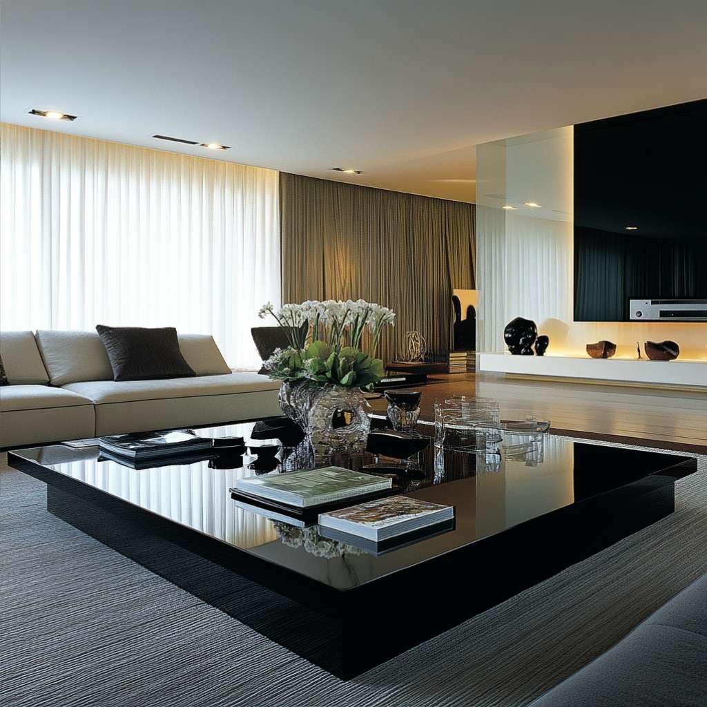 Jet black square glass coffee table contrasts with a white sofa in a spacious modern living room.