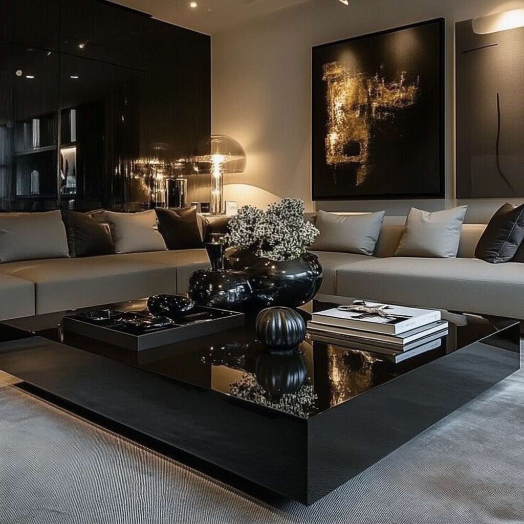 Modern black glass coffee table complementing a grey sofa set in a bright, inviting living room.