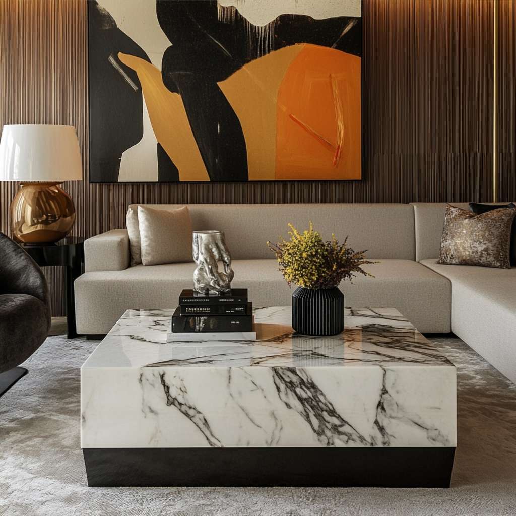 Stunning living area with a modern white marble square coffee table and a stylish L-shaped sofa.