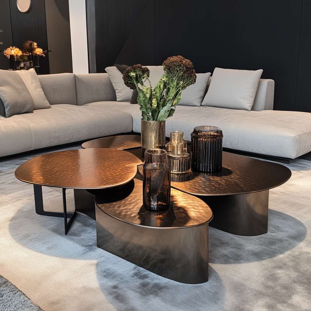 A bronze metal coffee table complements the white sofa, creating a stylish minimalist living room.