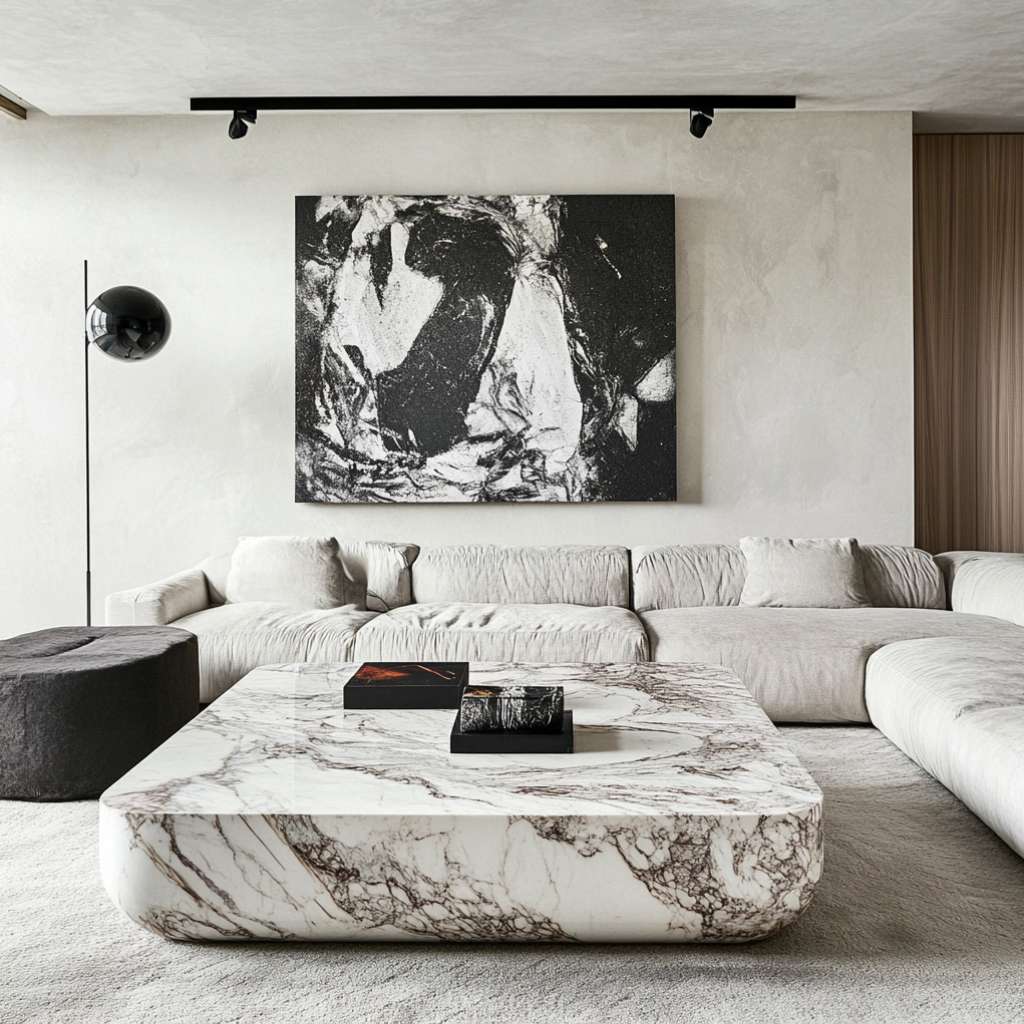 Classy white stoneware coffee table with a cozy sofa, enhancing the living room's style.