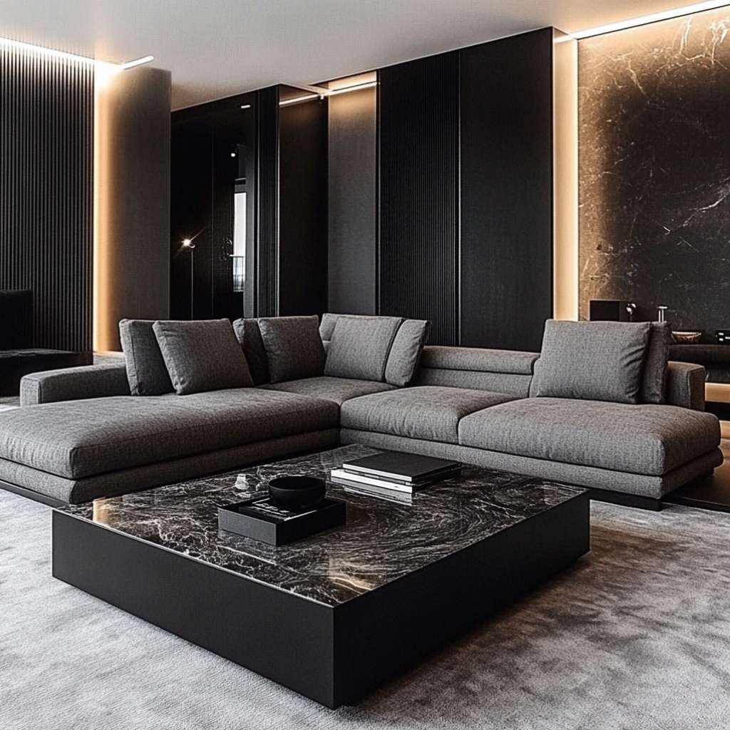 Striking black marble coffee table and cozy black sofa, adding elegance to the living space.