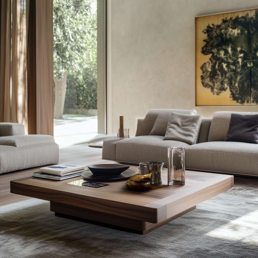 Luxurious living room with a modern oak brown coffee table and a comfortable white sofa.