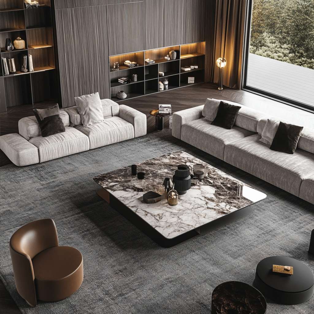 Modern living room with a white and black marble square coffee table and a cozy white sofa.