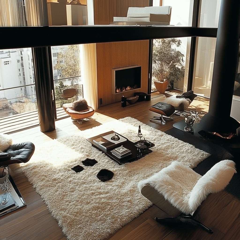 Top view of a luxury living room with a large white wool rug and contemporary modern furniture.