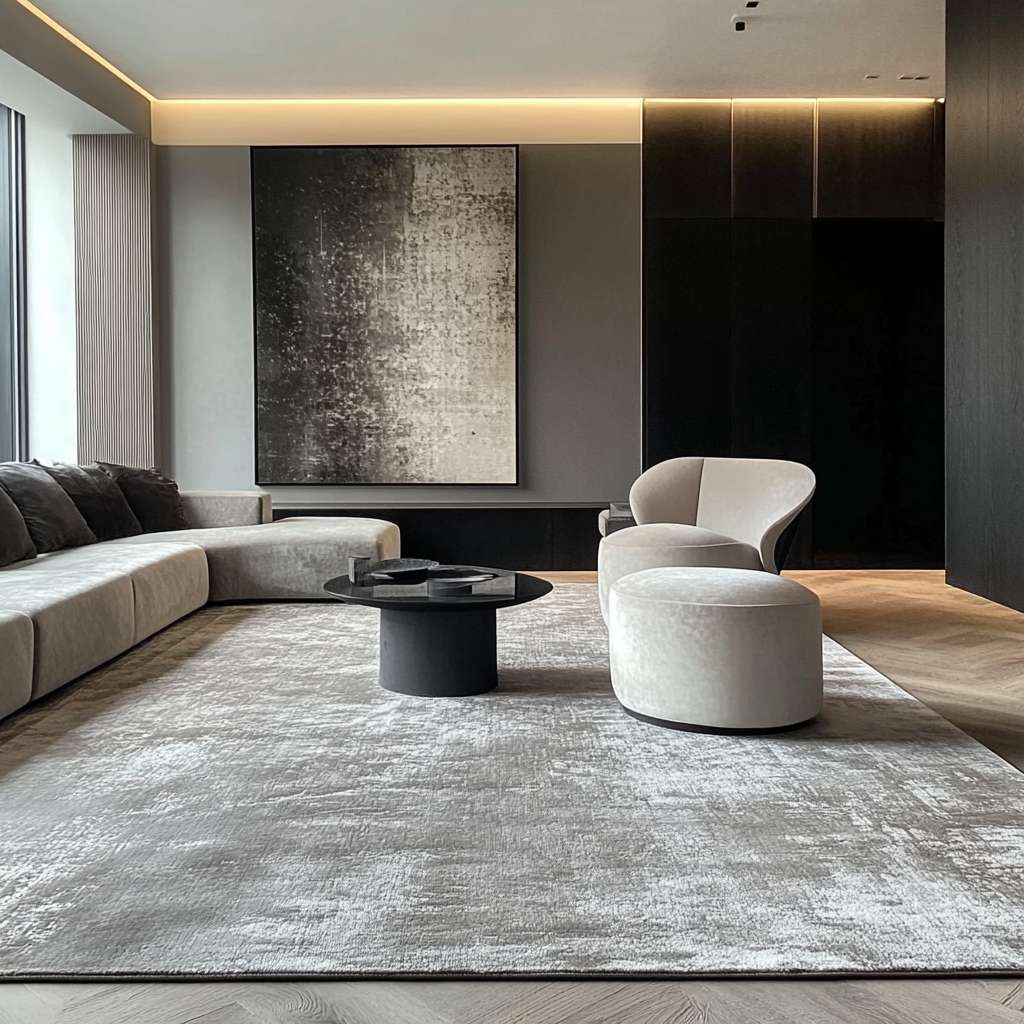 Stunning grey machine-crafted rug in a contemporary living room with stylish upholstered furniture.