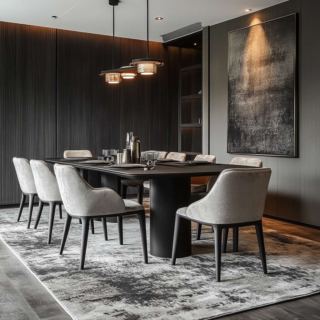 Handmade grey rug under black dining table with gray chairs, adding sophistication to the space.