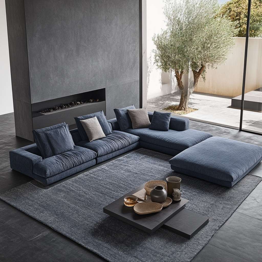 Charming hand-crafted grey wool rug paired with luxury furniture enhancing the living room's style.