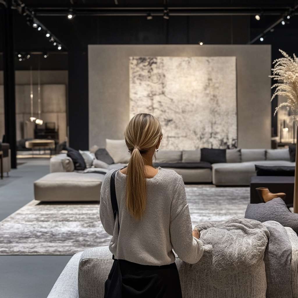 A woman standing in front of the large luxury hand-made grey rug in a spacious showroom, thinking about adding it to her home decor.