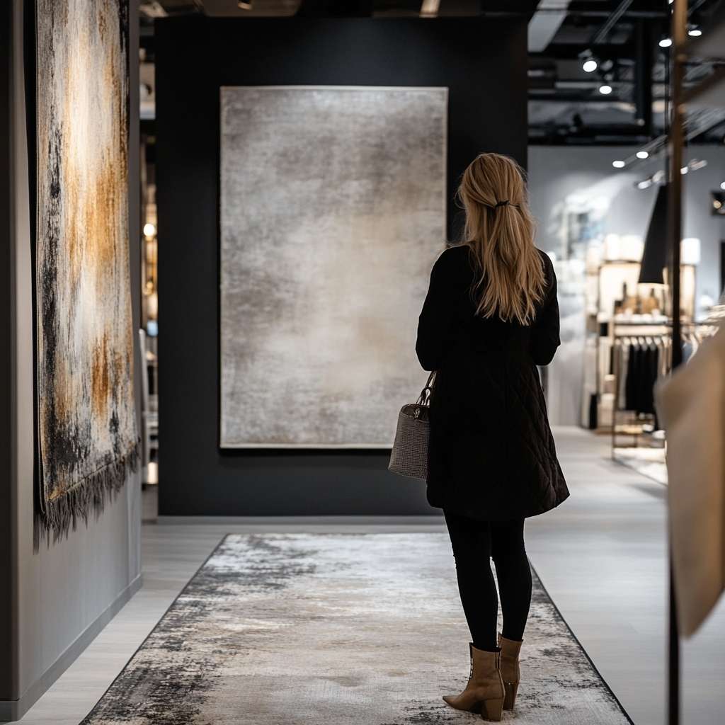 A woman standing on a cozy grey vintage rug and admiring its soft texture and sleek design