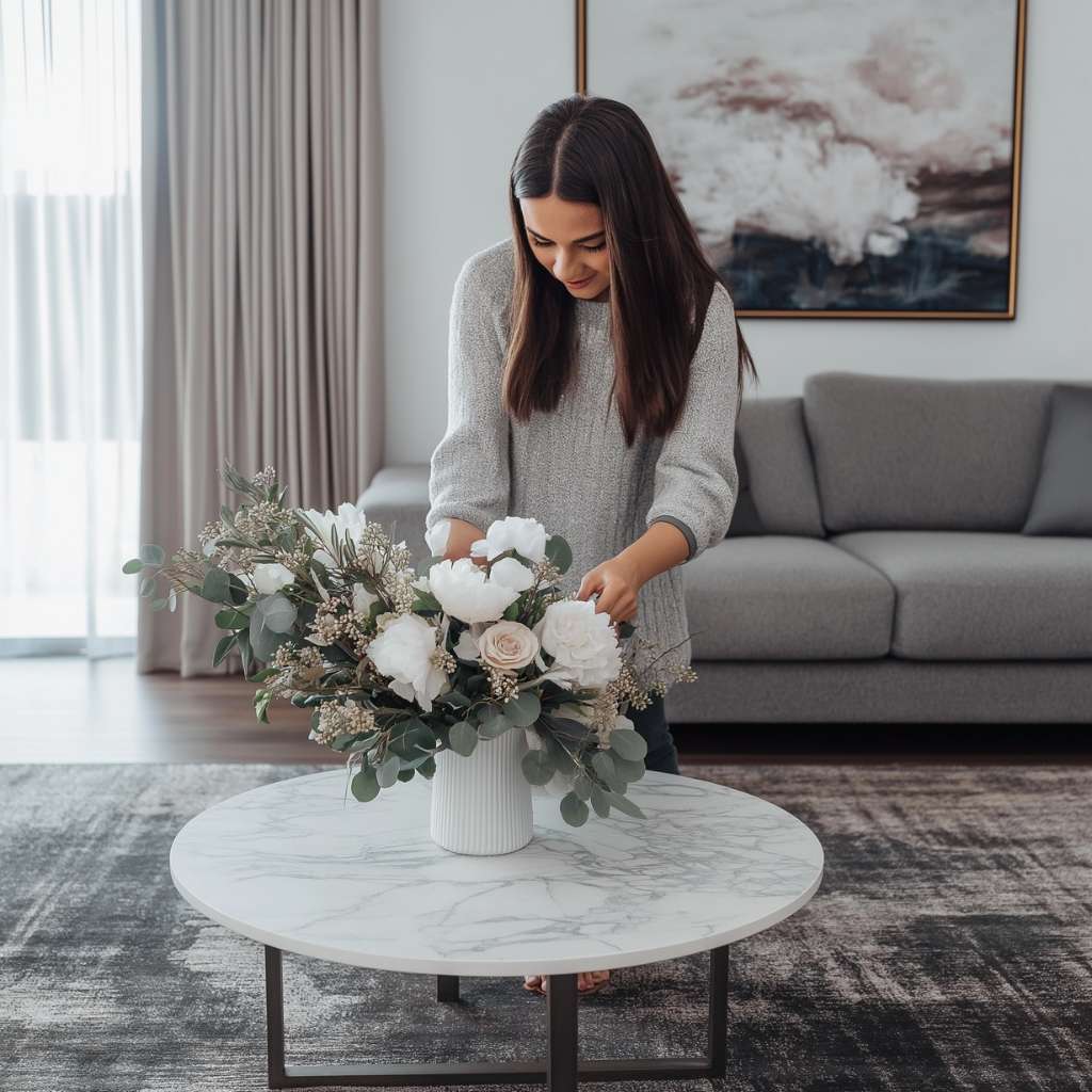 A woman sitting on a sofa, arranging flowers in a vase on an elegant grey hand-tufted rug.