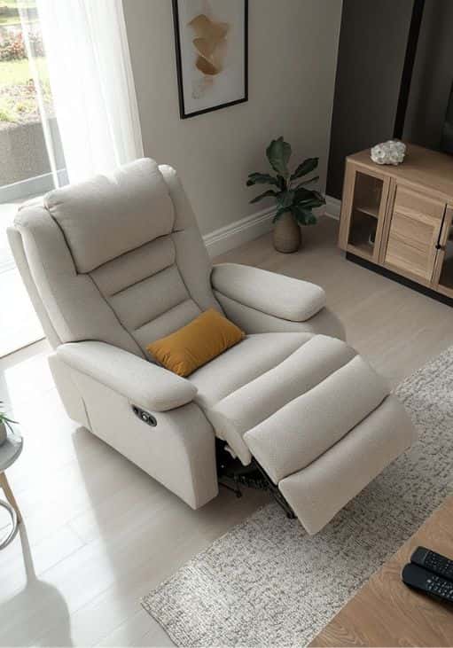 The luxury white recliner sofa with a vibrant yellow cushion brings a bold touch to the room.