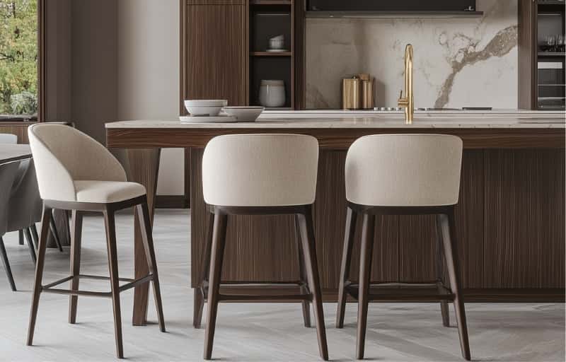 White upholstered counter stool with backrest, placed by the oak brown and white countertop.