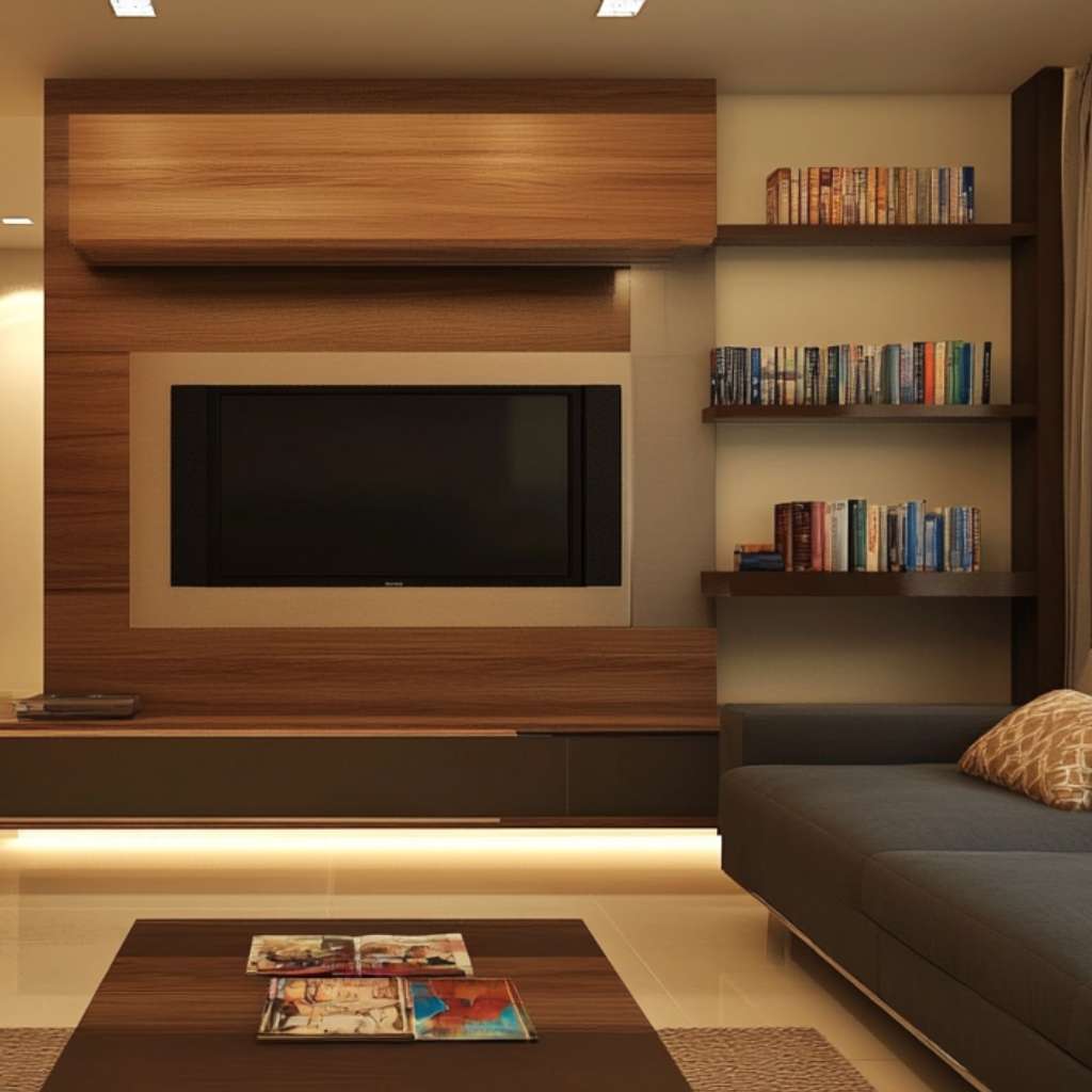Contemporary wooden TV unit with storage cabinets, perfect for a minimalist living space.