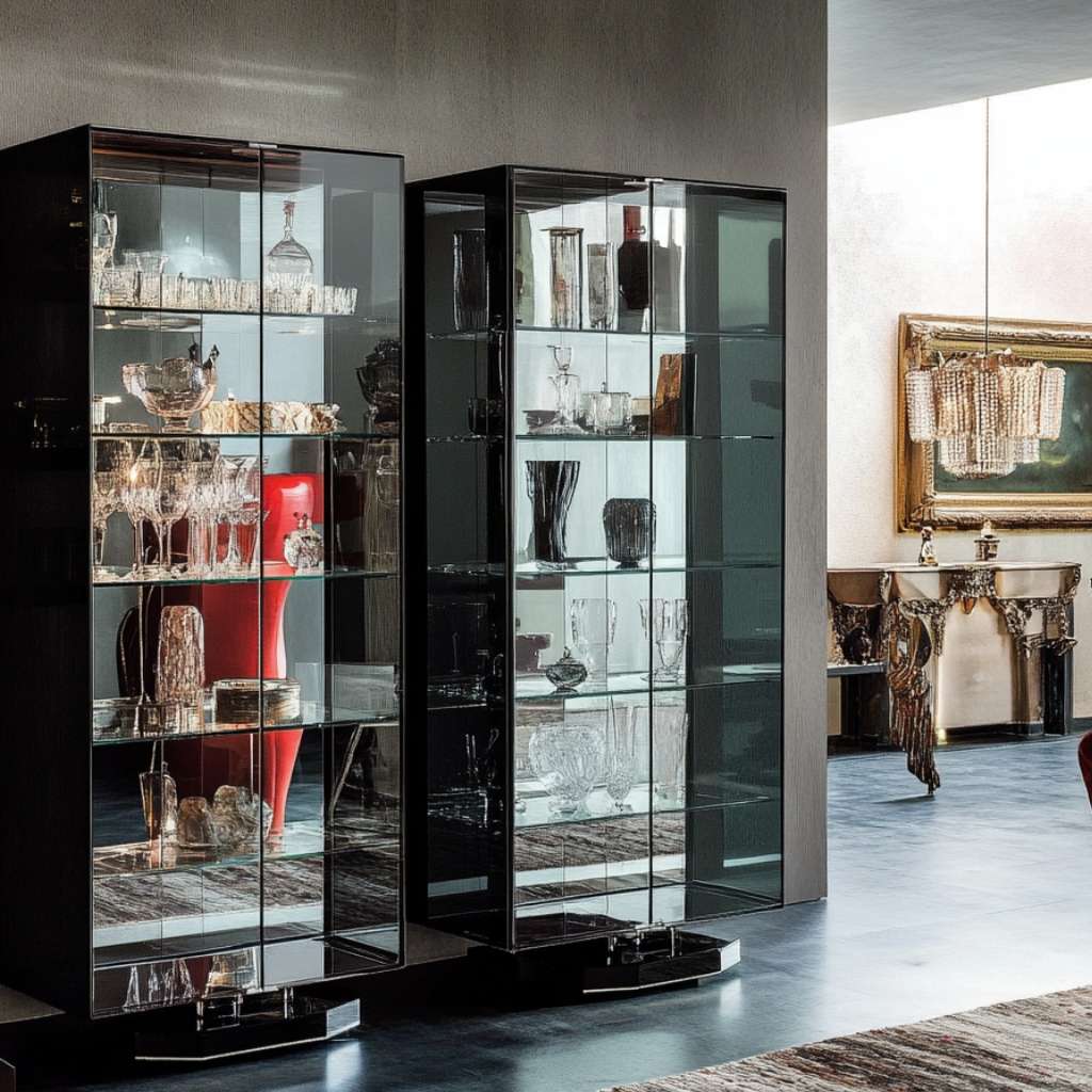 Striking black glass storage cabinet with stunning artwork inside, ideal for living room decor.