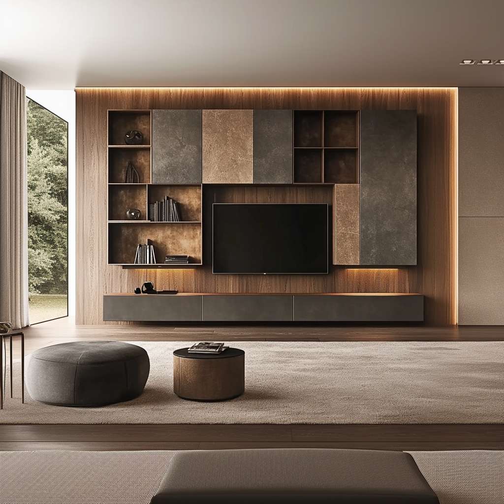 Luxury oak brown TV unit with spacious storage cabinets, ideal for a stylish living room design.