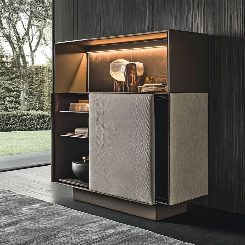 Elegant glass door storage cabinet with internal lights, ideal for displaying decor