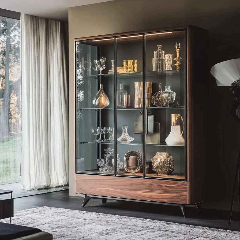 Modern wooden display cabinet with glass doors and internal light, ideal for artwork and glassware.