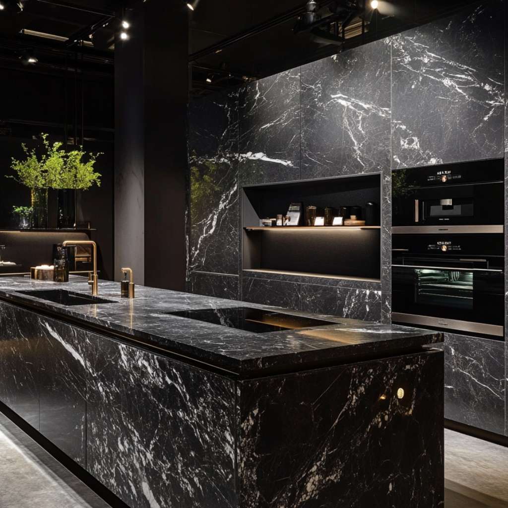 Stunning black marble kitchen with functional storage cabinets, perfect for upscale interiors.