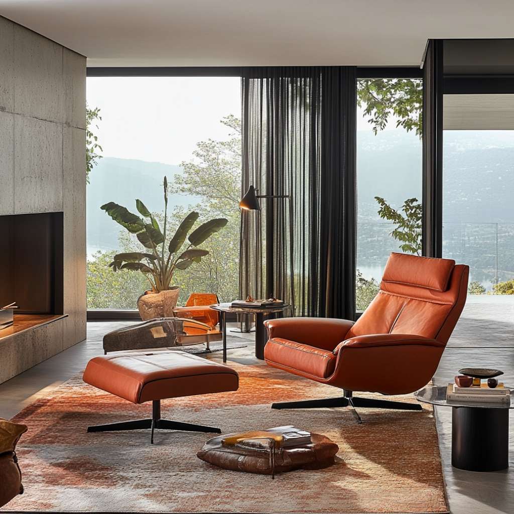  Brown leather recliner with Bluetooth speakers, set in a modern room with an outdoor view.